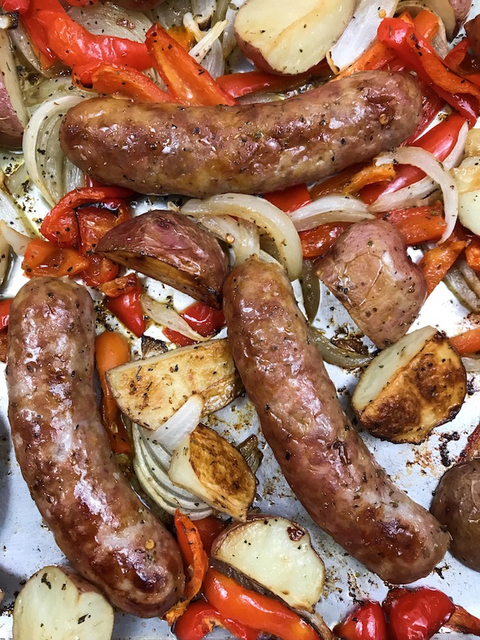 Sheet Pan Sausage, Peppers, Onions, and Potatoes - Plowing Through Life